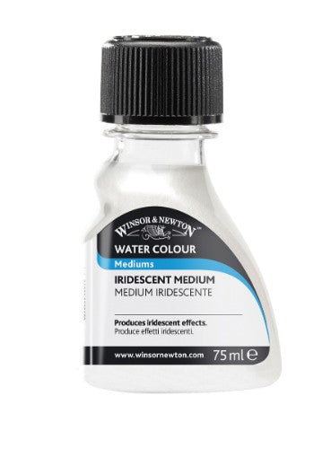 75ml bottle of Winsor & Newton Iridescent Medium, enhancing watercolors with shimmering pearlescent effects for captivating art.