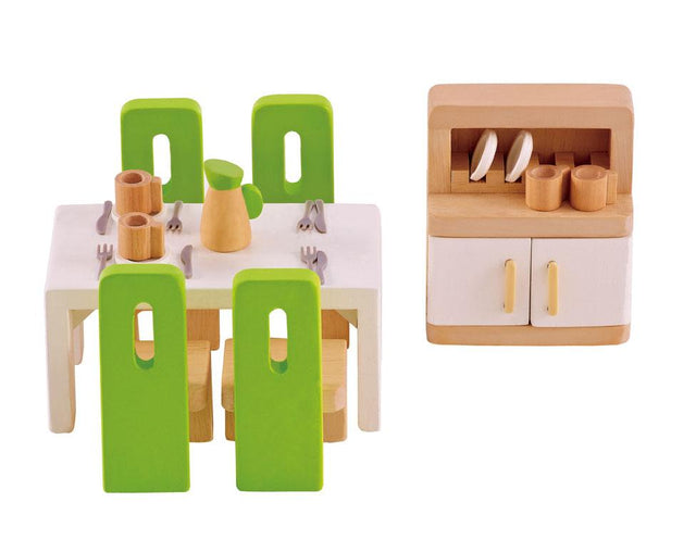 Hape Wooden Doll House Dining Room set with table, chairs, cupboard, and dining accessories for imaginative play.