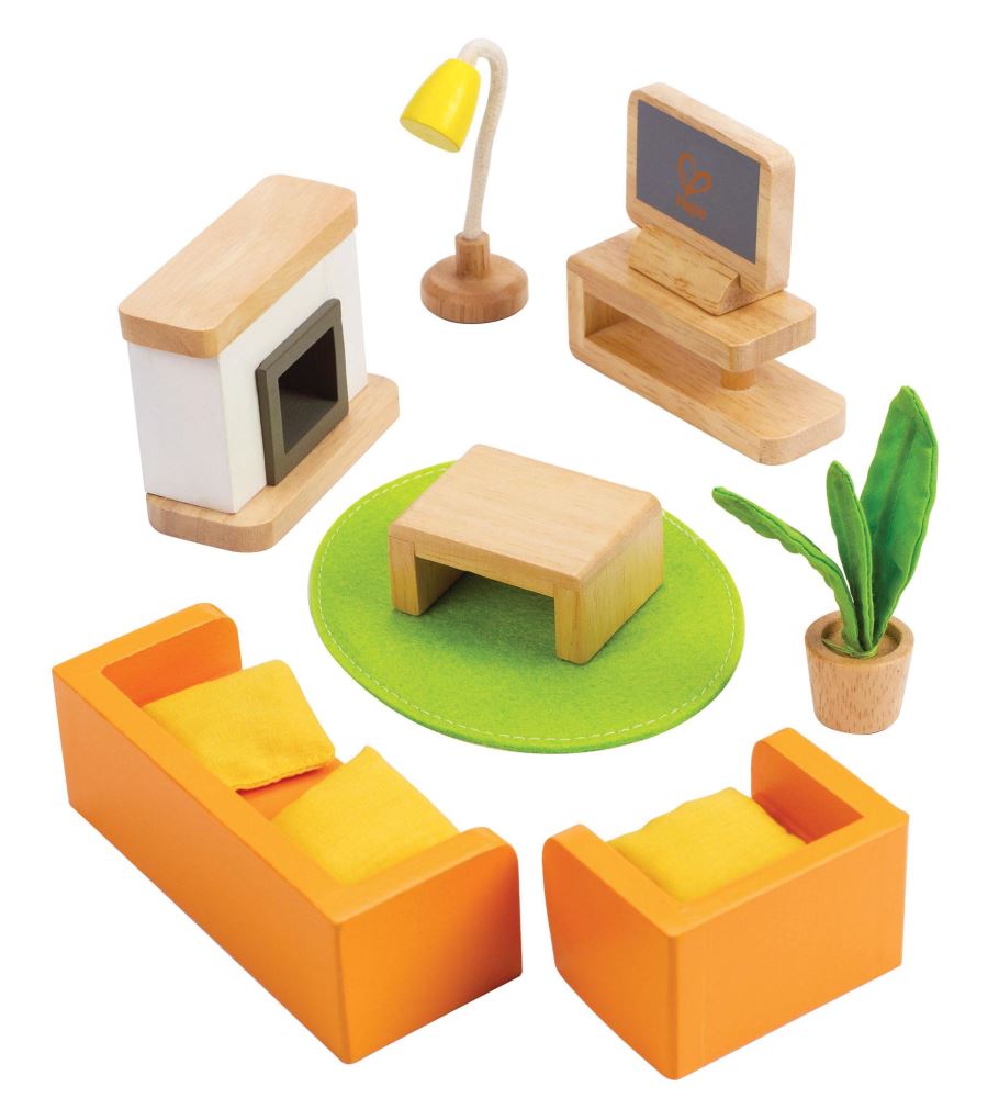 Hape Wooden Doll House Living Room set featuring orange couch, cozy fireplace, TV, and stylish decor for imaginative play.