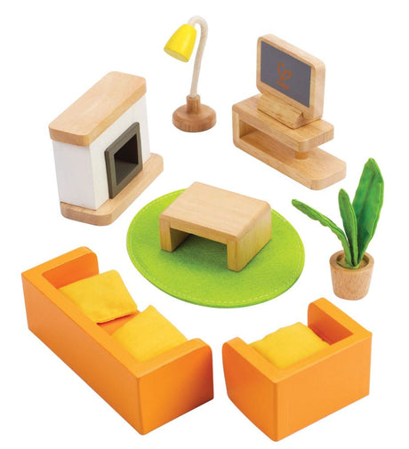 Hape Wooden Doll House Living Room set featuring orange couch, cozy fireplace, TV, and stylish decor for imaginative play.