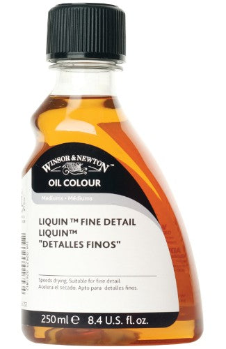Winsor & Newton Liquin Fine Detail 250ml, a gloss medium for oil painting, promotes fine details and quick drying while resisting yellowing.
