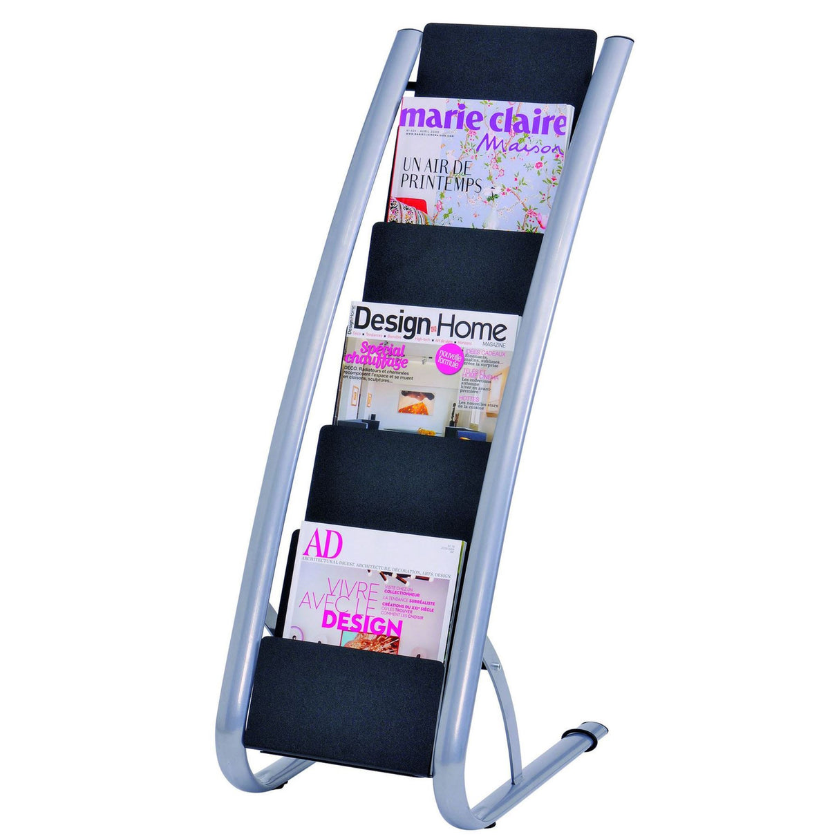 Stylish 6-tier floor brochure holder stand for A4 literature, ideal for trade shows and reception areas, sturdy and elegant design.