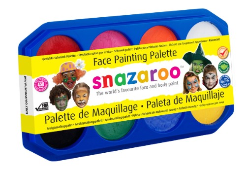 Vibrant Snazaroo 8 x 18ml face painting palette kit, featuring water-based, hypoallergenic colors for creative designs.