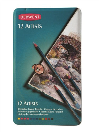 Vibrant set of 12 Derwent Artists Pencils in a tin, ideal for layering, blending, and detailed artwork with a strong 4mm core.