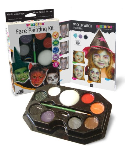 A Snazaroo face painting kit featuring 8 non-toxic colors, ideal for creating spooky Halloween looks with easy application.