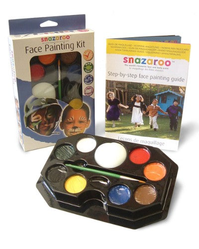 Colorful Snazaroo face paint kit for boys, includes paints, brushes, sponges, and guide for creative transformations.