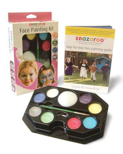 Vibrant Snazaroo face painting kit for girls, featuring 8 colors, brushes, sponges, and a guide for imaginative transformations.