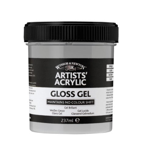 Glossy acrylic gel medium in a 237ml pot, enhancing color depth and brush stroke retention for artists.