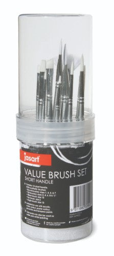 12-piece white synthetic brush set with short handles, ideal for various painting mediums, stored in practical tubes.