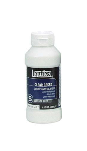 Clear 237ml Liquitex Gesso bottle for priming and sealing surfaces, enhancing adhesion for vibrant painting results.