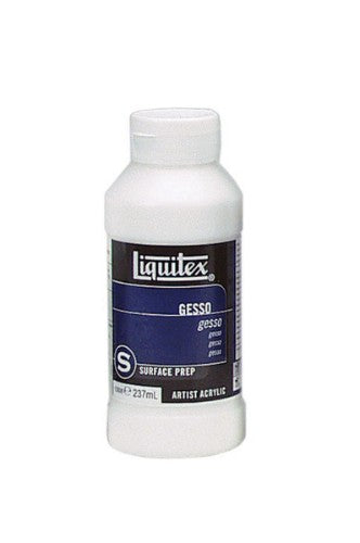 Bottle of Liquitex Gesso - White 237ml, ideal for priming surfaces like canvas and wood for vibrant paint adhesion.