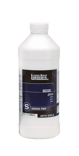 White Liquitex Gesso 946ml bottle for priming and sealing surfaces, enhancing color adhesion for acrylic and oil painting.