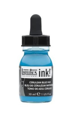 Vibrant 30ml Liquitex Cerulean Blue Hue acrylic ink, perfect for mixed media with fluid, quick-drying, and water-resistant properties.