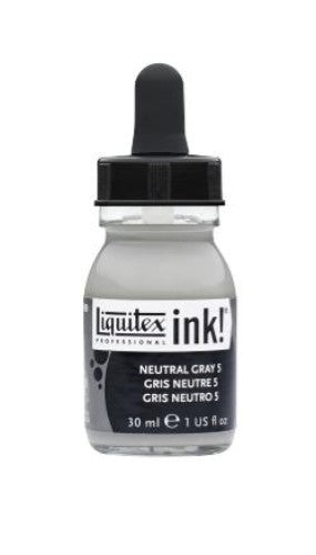 Liquitex Acrylic Ink in Neutral Grey Value 5 offers fluid, vibrant color with a water-resistant finish, ideal for various artistic techniques.
