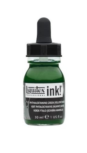 Bottle of Liquitex Acrylic Inks in Phthalocyanine Green Yellow Shade 319, 30ml, showcasing vibrant, fluid pigment for artists.