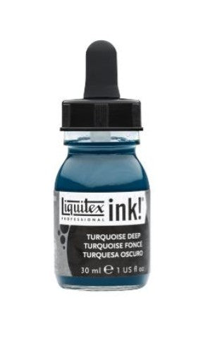 Turquoise Deep 561 acrylic ink in a 30ml bottle, perfect for vibrant art techniques like watercolor and stamping.