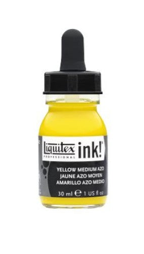Liquitex Acrylic Ink in Yellow Medium Azo 412, 30ml, showcases vibrant color and fluidity for various artistic techniques.