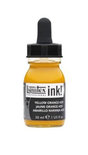 Vibrant Yellow Orange Azo acrylic ink in a 30ml bottle, ideal for diverse art techniques and quick-drying finishes.