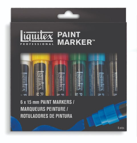 Set of 6 wide-tipped Liquitex paint markers in vibrant colors, perfect for bold artwork and neon highlights.