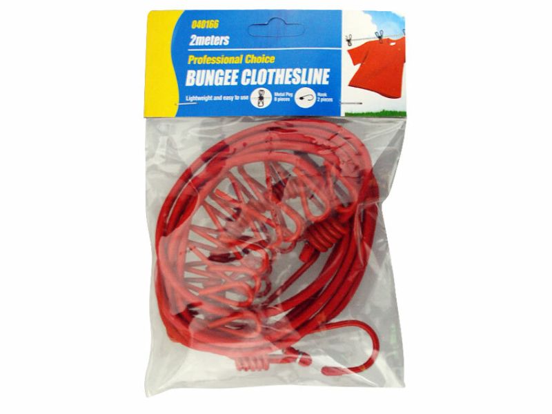 Bungee clothline with 8 metal clips, 2m length, strong 5mm diameter, ideal for drying and organizing indoors/outdoors.