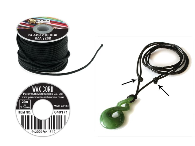 Black wax cord reel, 25m long and 1.5mm thick, ideal for jewelry and crafting projects; includes 12 durable units.