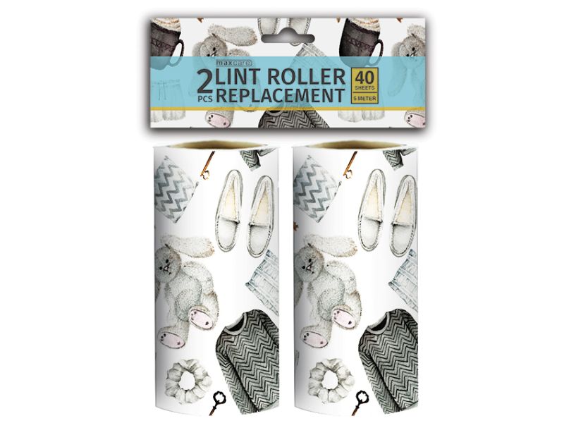 Lint Roller Replacement pack with 24 sheets per roll, designed for easy removal of pet hair, lint, and dust from fabrics.