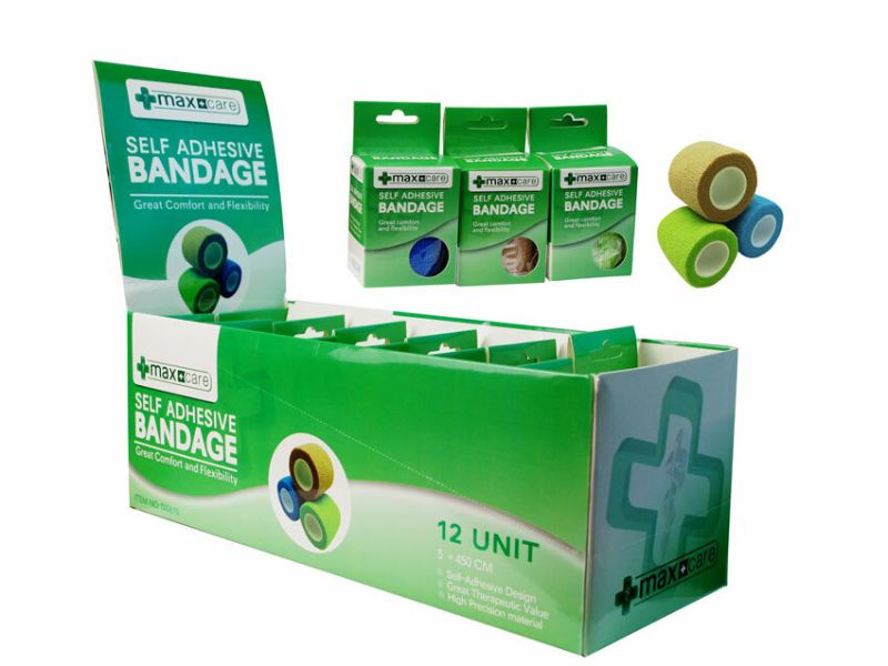 Maxcare self-adhesive bandages in 12 packs, 5x450 cm, perfect for injury support without clips or pins.