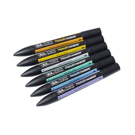 Winsor & Newton Metallic Marker Set - Set 6 features vibrant, water-based metallic markers with twin tips for versatile artwork.
