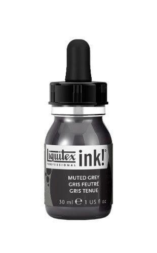 Liquitex Acrylic Ink in Muted Grey 505, 30ml bottle, offering fluid application, intense color, and versatile artistic techniques.