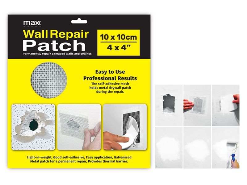 Max Brand wall repair patch, 10x10cm, 48 packs; perfect for fixing holes and cracks in drywall or plaster with durable, seamless finish.