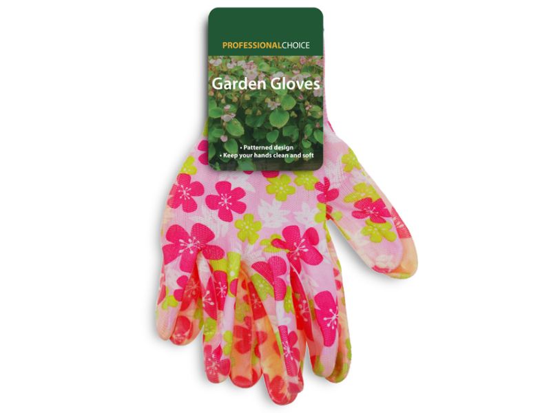 Vibrant patterned garden gloves in a bulk set of 12 pairs, perfect for stylish, safe, and comfortable gardening.