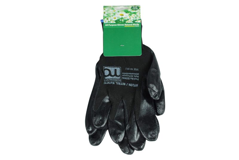 All-purpose black gloves with nitrile coating, 13G nylon liner, ideal for versatile protection in any task. 12 pairs included.