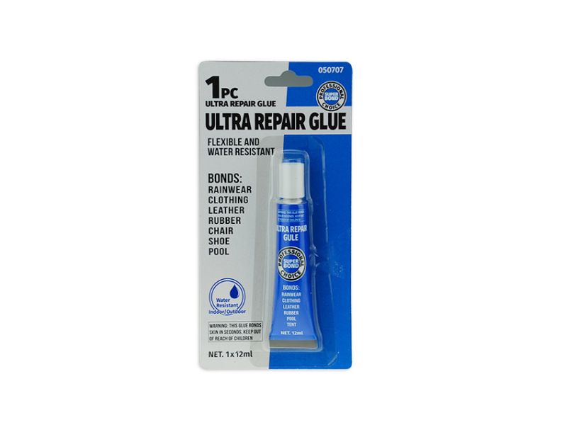 Ultra Repair Glue 12ml tube, flexible, water-resistant adhesive for strong, durable repairs on various surfaces.