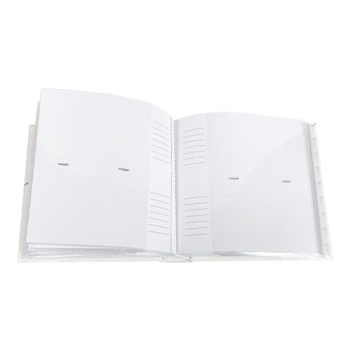 Elegant linen-covered photo album with gold foil embossing, holds 200 4x6 photos, includes memo spaces for notes.