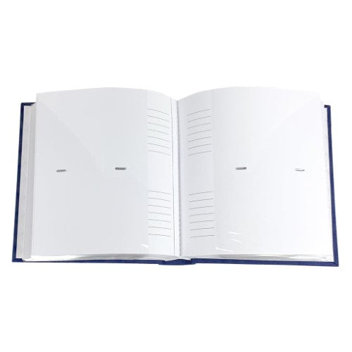 Navy slip-in photo album for 200 photos, featuring 'Hello Baby' embossed in gold foil and memo areas for cherished memories.