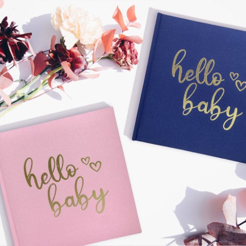 Navy slip-in photo album for 200 4x6 photos, featuring embossed gold foil "Hello Baby" and memo areas for cherished memories.