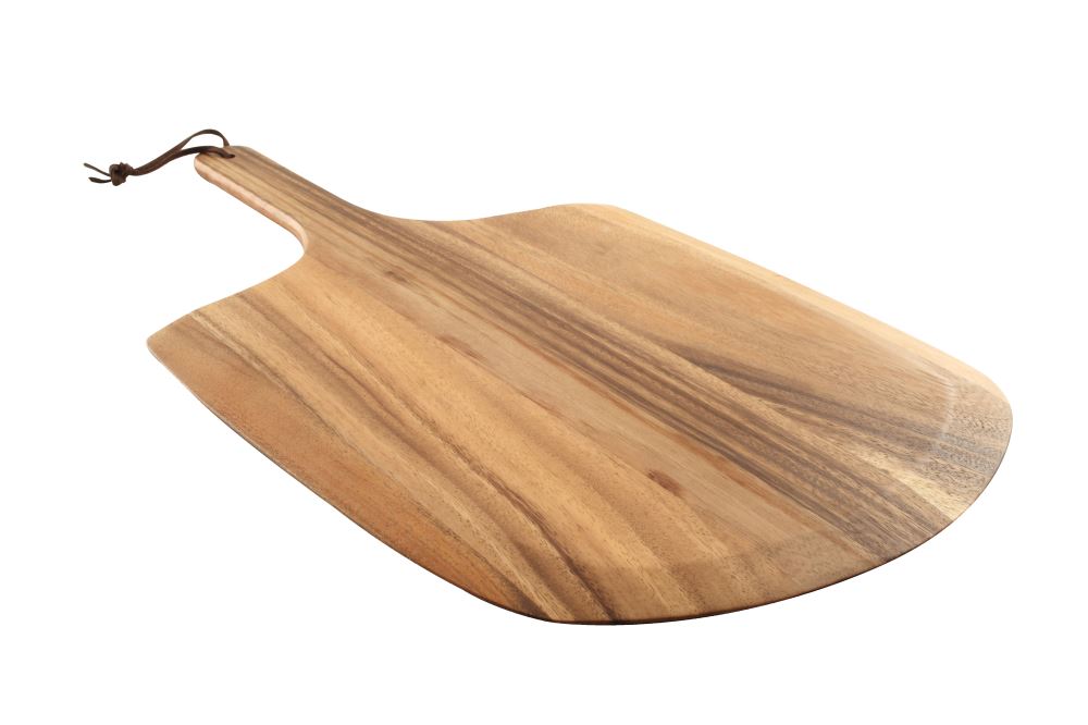Unique wooden Baroque pizza paddle in rustic acacia, measuring 570mm x 305mm, perfect for serving and transferring pizzas.