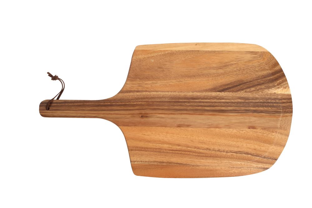 Unique Baroque wooden pizza paddle with leather tie, showcasing rustic acacia's distinct beauty, perfect for serving pizzas.