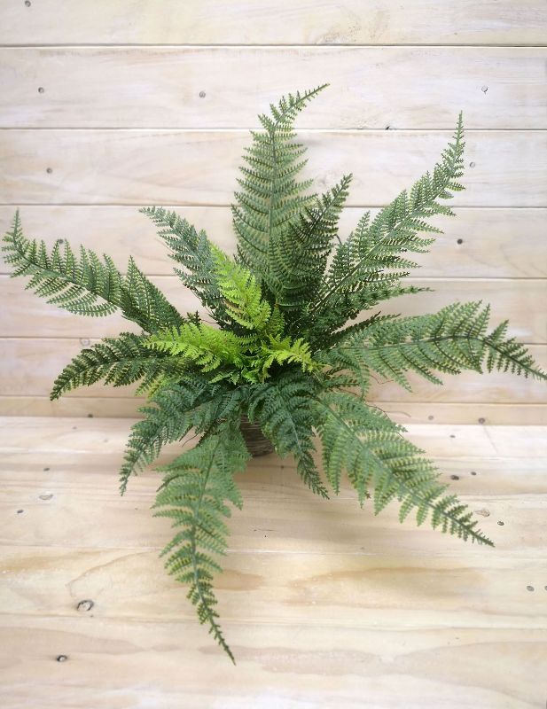 Large artificial fern bush, 32cm high, expands to 50cm wide; maintenance-free greenery for home or office decor.