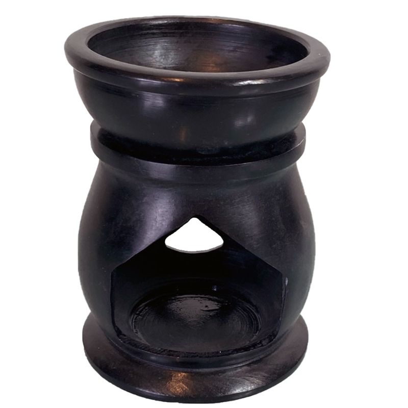 Black soapstone oil burner featuring a triple moon pentacle design, perfect for aromatherapy and home decor.
