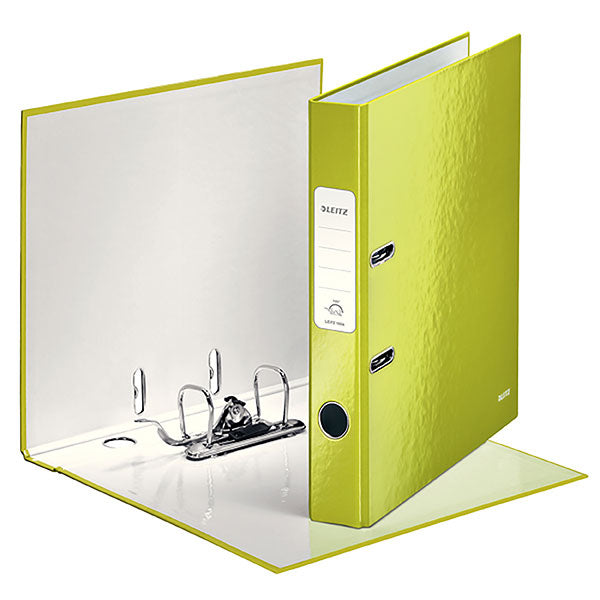 Vibrant green Leitz Laf Wow A4 lever arch file with dual-color design, 350-sheet capacity, and 180° opening mechanism.