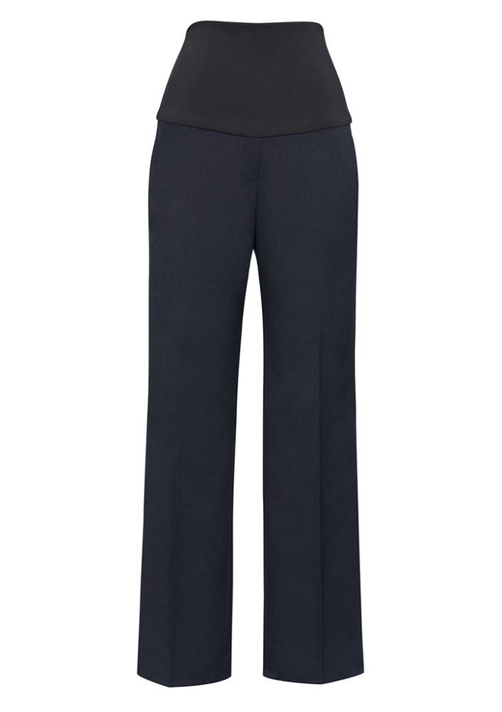 Ladies Navy Maternity Pant in Small, featuring expandable rib, soft fabric, and mid-rise straight leg design for comfort and style.