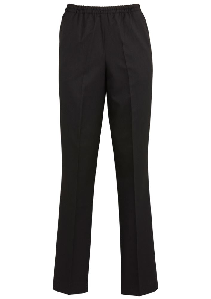 Ladies Easy Fit Pant in black, size 14, featuring a pull-on design, tapered legs, and side pockets for stylish comfort.