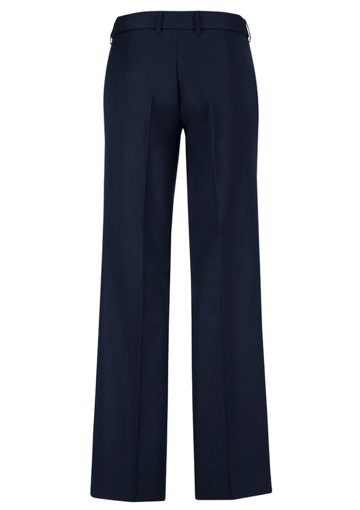 Navy ladies' adjustable waist pant featuring a mid-rise, deep side pockets, and a blend of polyester and bamboo charcoal fabric.