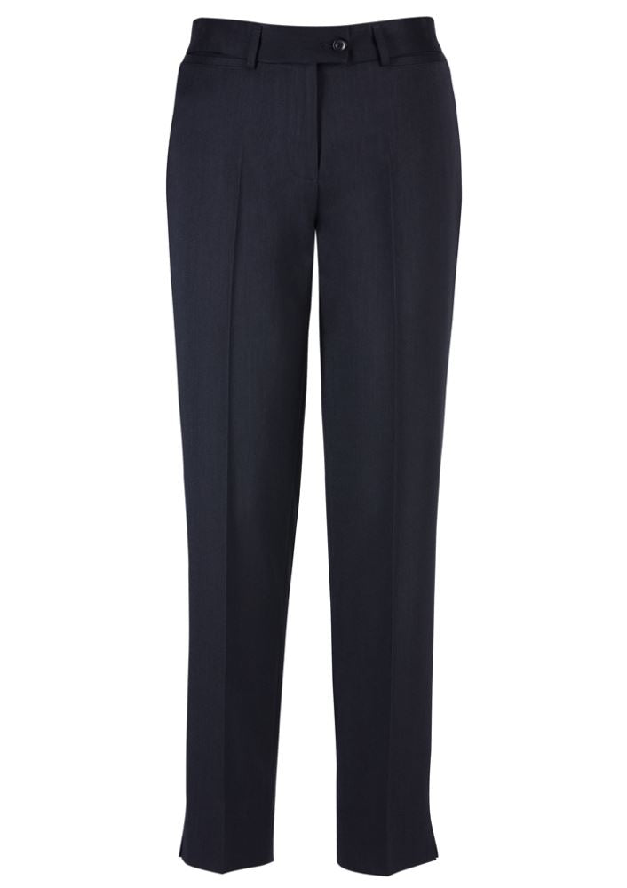 Navy ladies slim leg pants, size 16, feature a tapered design, breathable fabric, and stylish split for comfort and mobility.