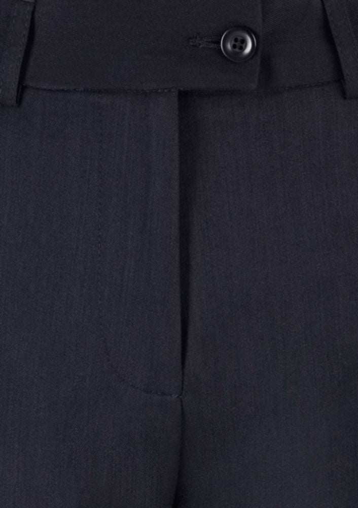 Ladies slim leg pant in charcoal, tapered ankle design, crafted from soft polyester-bamboo blend for style and comfort.