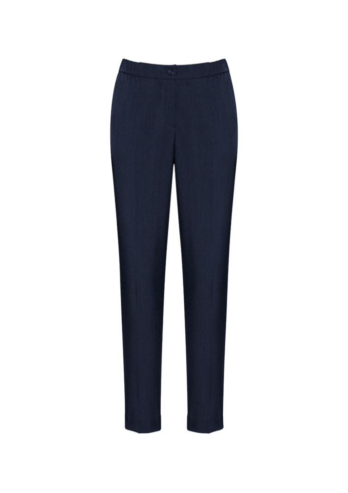 Navy ladies' ultra comfort waist pants with elastic waistband, side pockets, and gently tapered legs for stylish all-day wear.