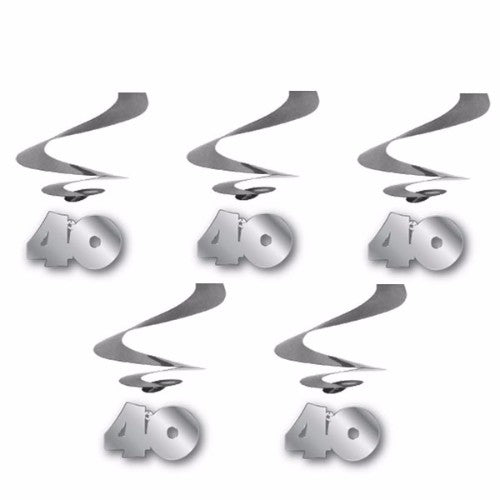 Silver hanging swirls for 40th birthday, 60cm long, pack of 5, perfect for elegant party decorations and photo backdrops.