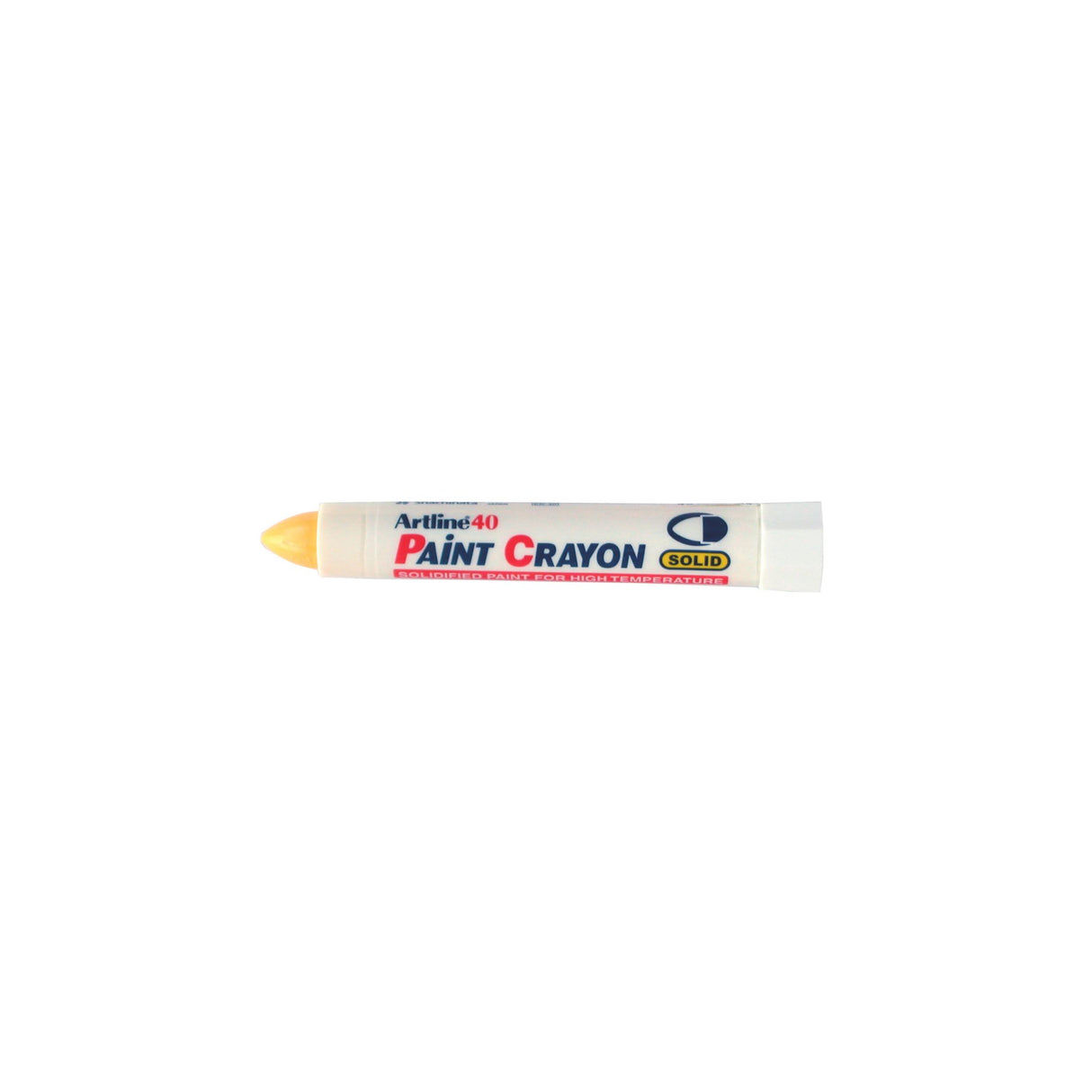 Vibrant yellow Artline 40 permanent paint crayons, 12 markers, ideal for various surfaces and high-temperature use.