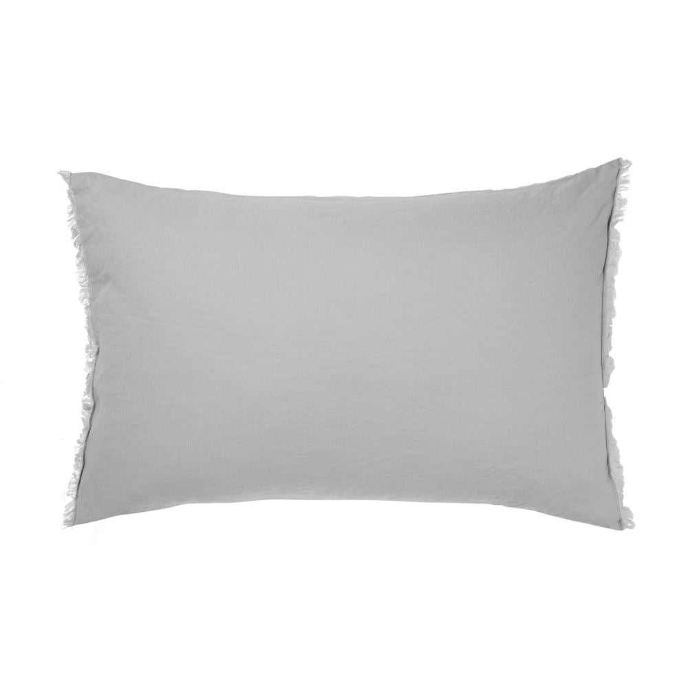 Smoke-colored standard pillowcase with fringe detailing, made from linen and cotton for a vintage soft wash look.